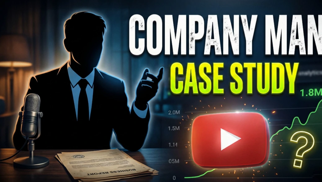 Faceless YouTube channel Company Man case study thumbnail showing a dark silhouette creator in a suit with microphone business documents and viral growth analytics chart