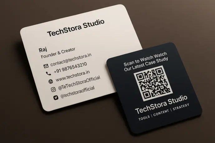 High-resolution QR code on a modern business card for TechStora Studio, showing sharp detail.