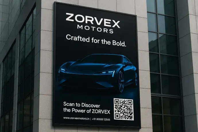 8K QR code on a large city billboard for Zorvex Motors, demonstrating print quality.
