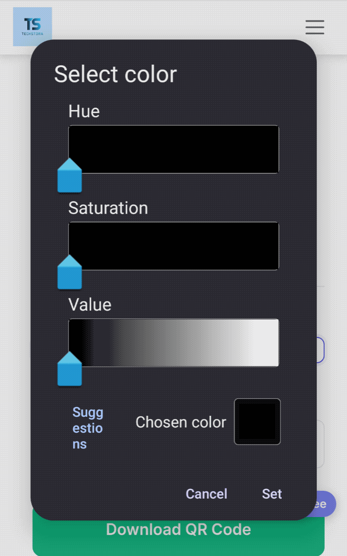 Live customization GIF showing QR code color changes and style updates in the TechStora generator UI.